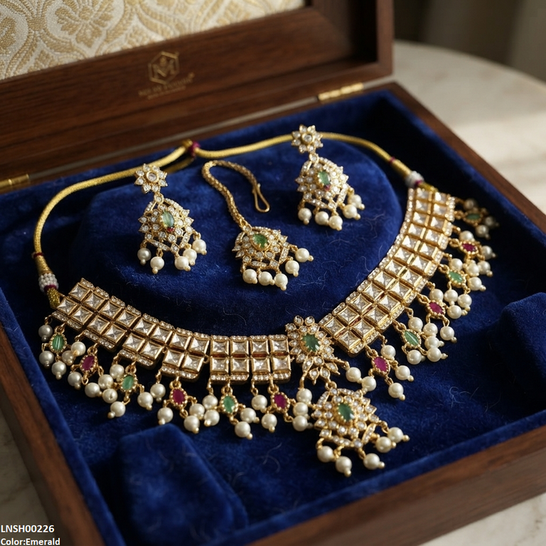 Flower Square Stone Pearl Drop Rajwari Necklace Set
