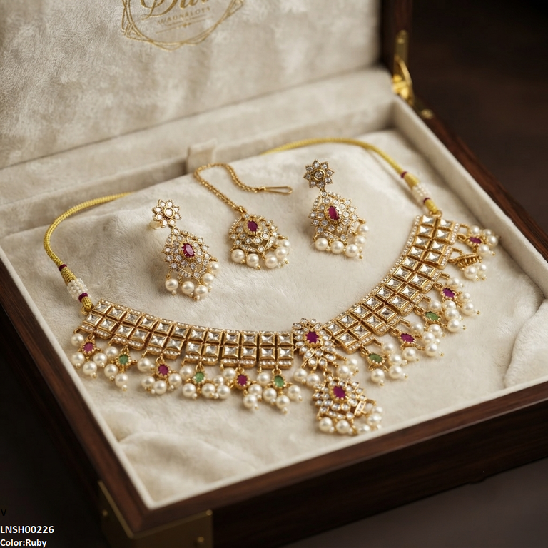 Flower Square Stone Pearl Drop Rajwari Necklace Set