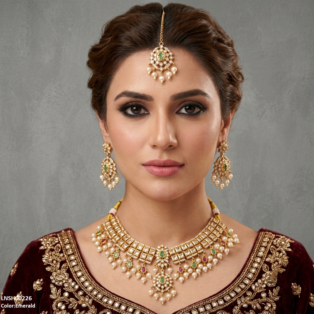 Flower Square Stone Pearl Drop Rajwari Necklace Set