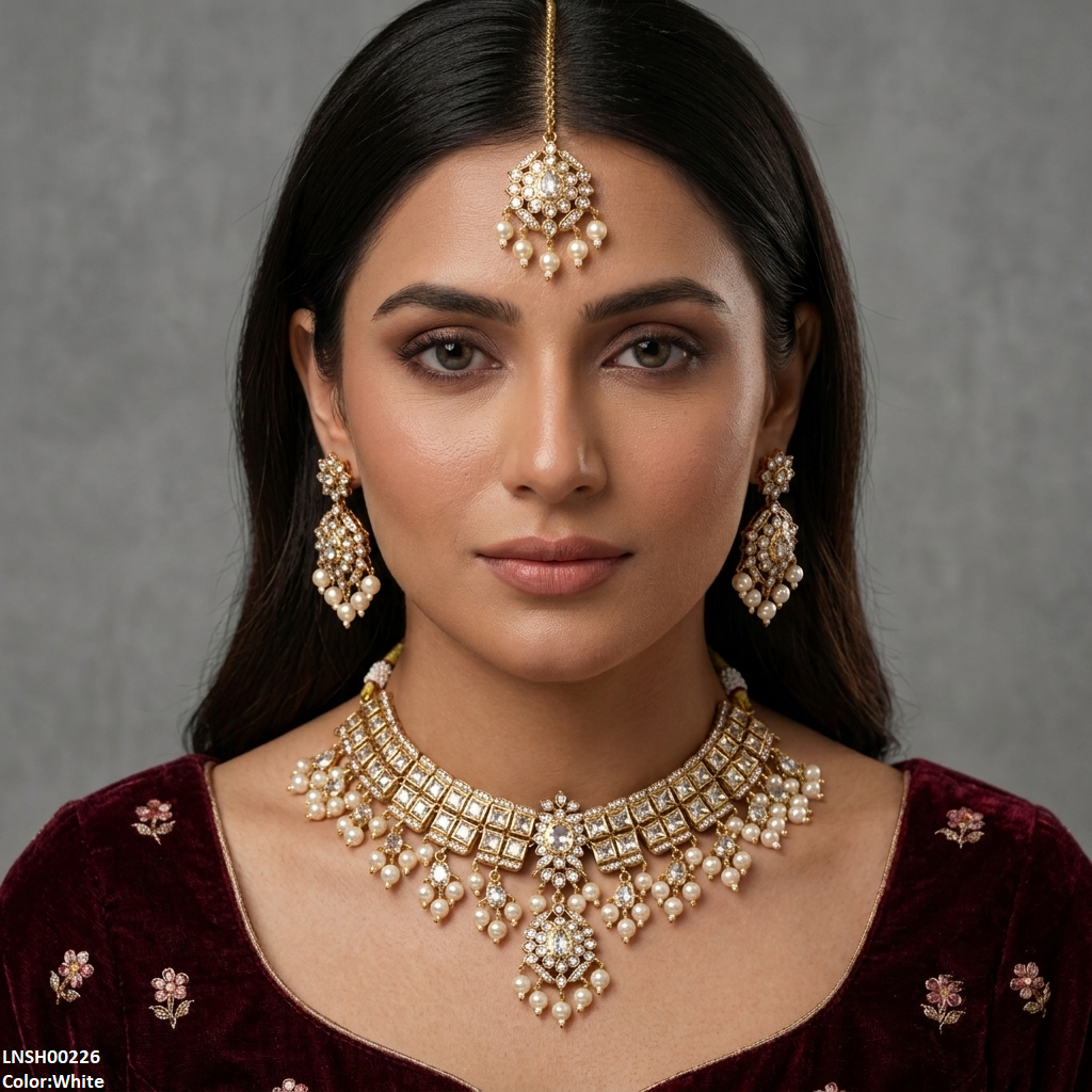 Flower Square Stone Pearl Drop Rajwari Necklace Set