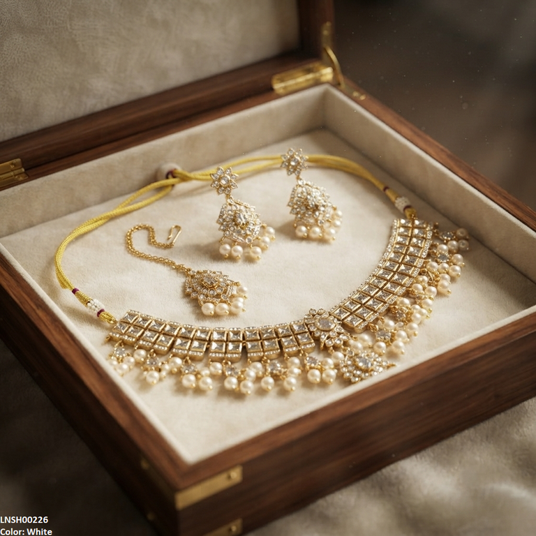 Flower Square Stone Pearl Drop Rajwari Necklace Set