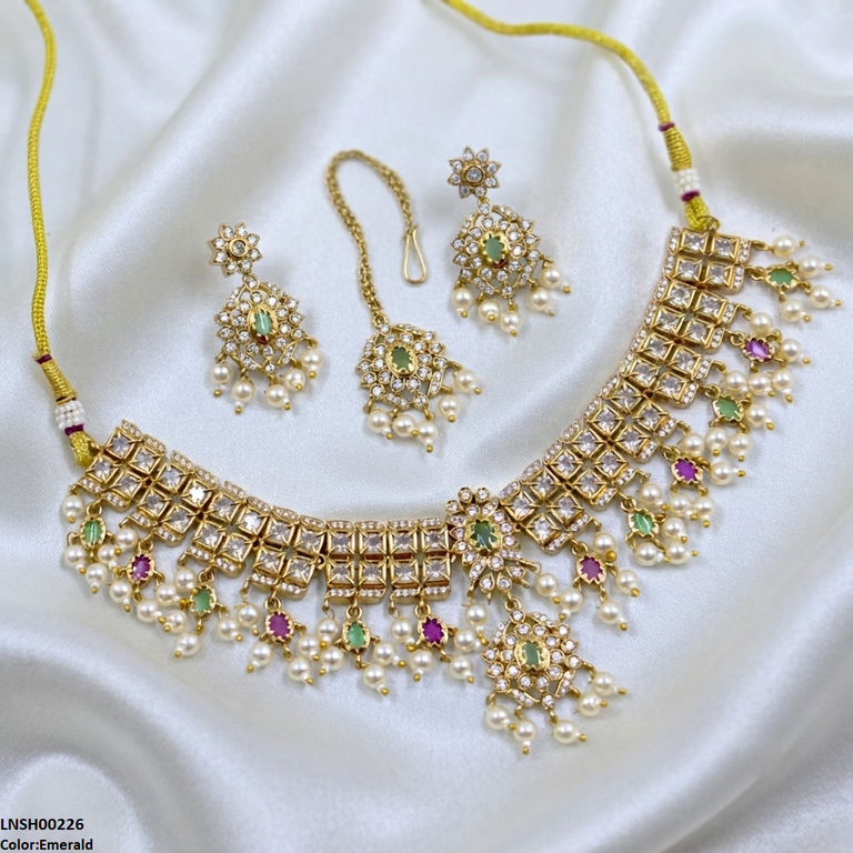 Flower Square Stone Pearl Drop Rajwari Necklace Set