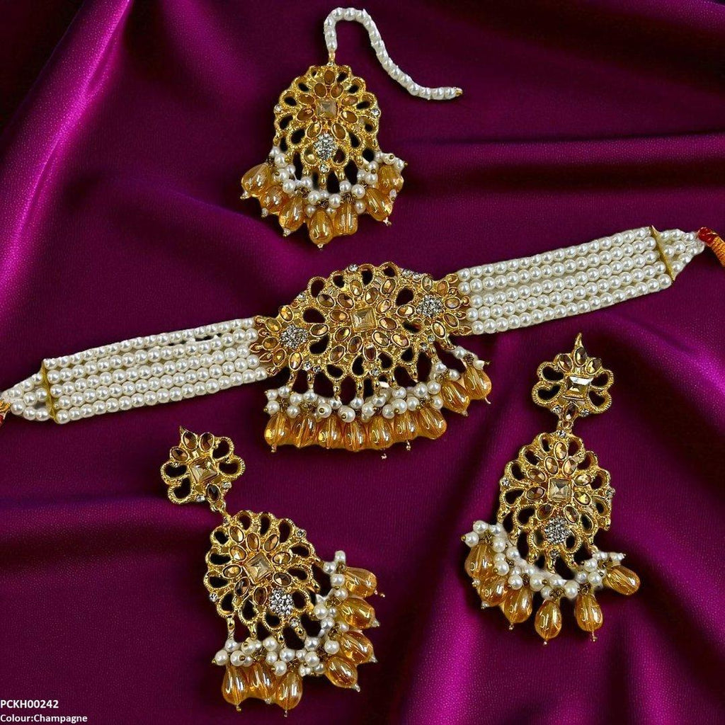 Square Flower Pearl Drop Choker Set