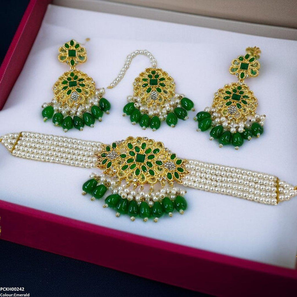 Square Flower Pearl Drop Choker Set