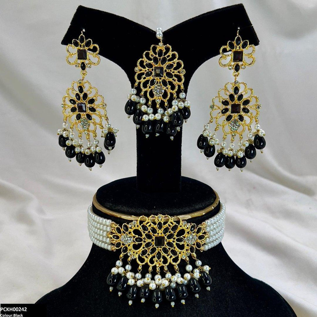 Square Flower Pearl Drop Choker Set