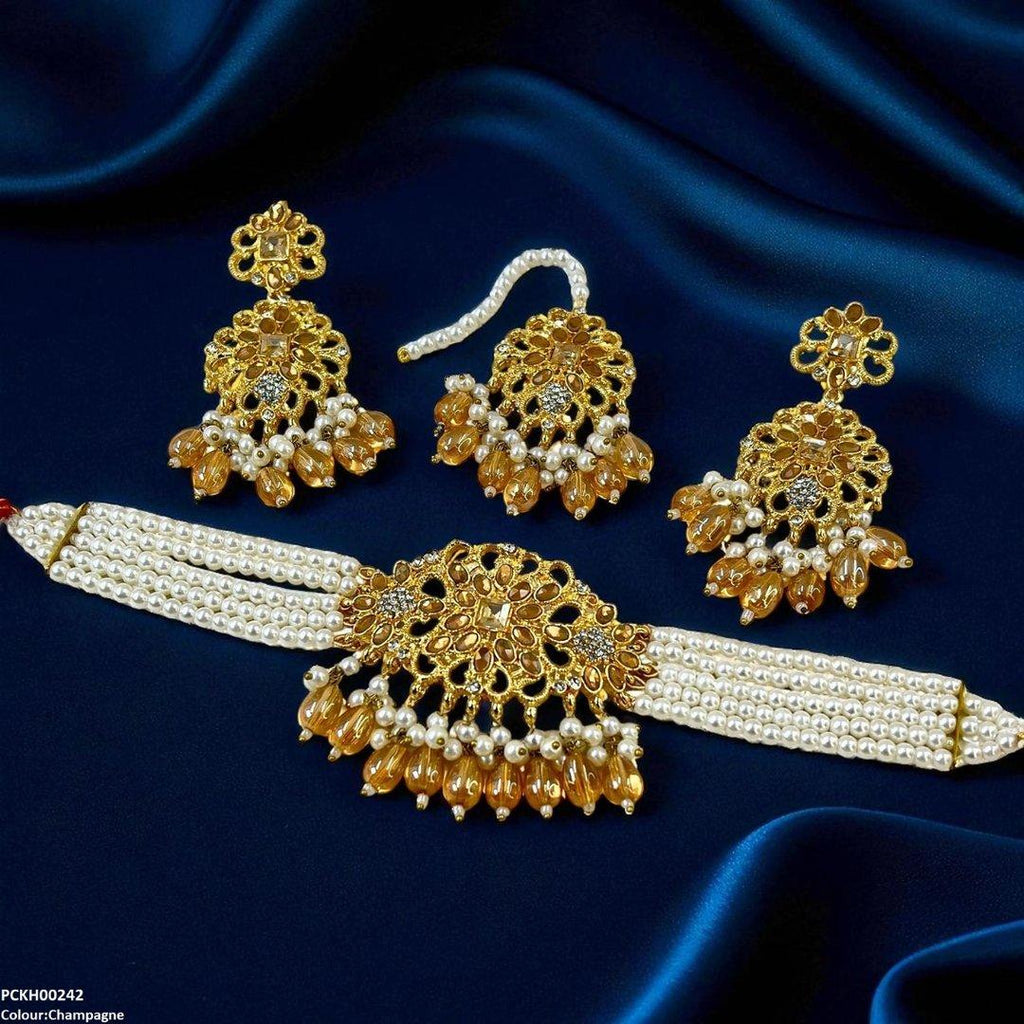 Square Flower Pearl Drop Choker Set