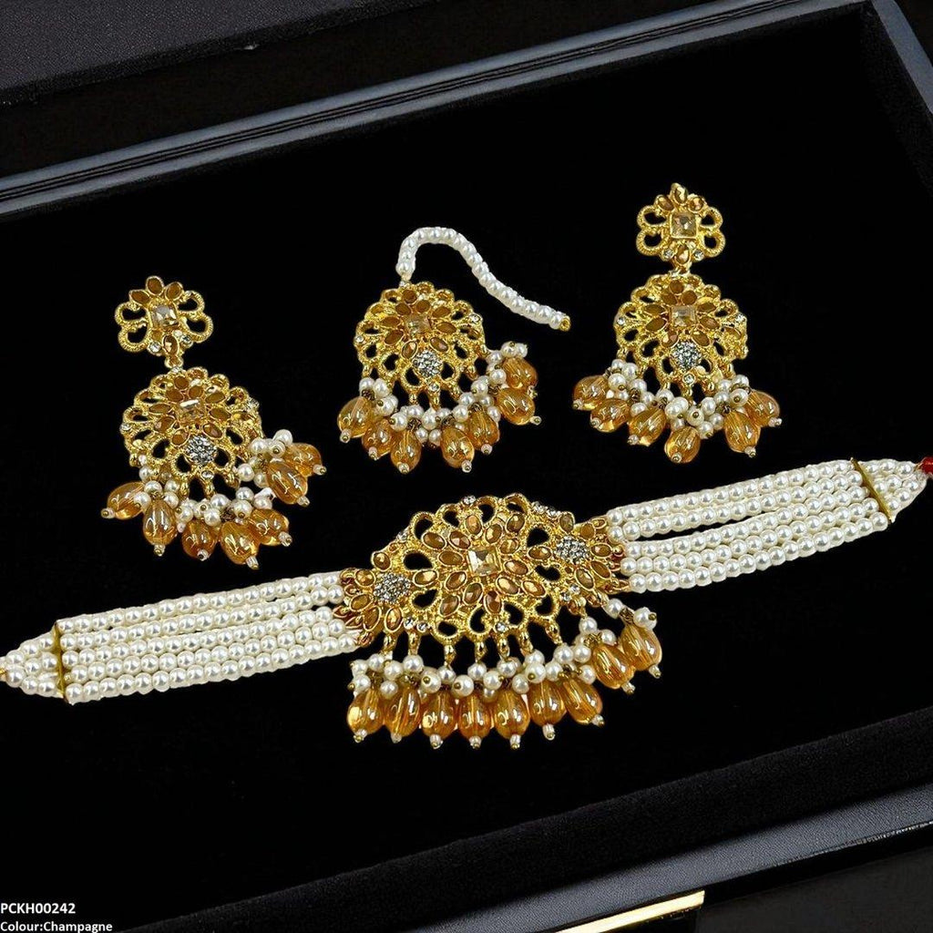 Square Flower Pearl Drop Choker Set