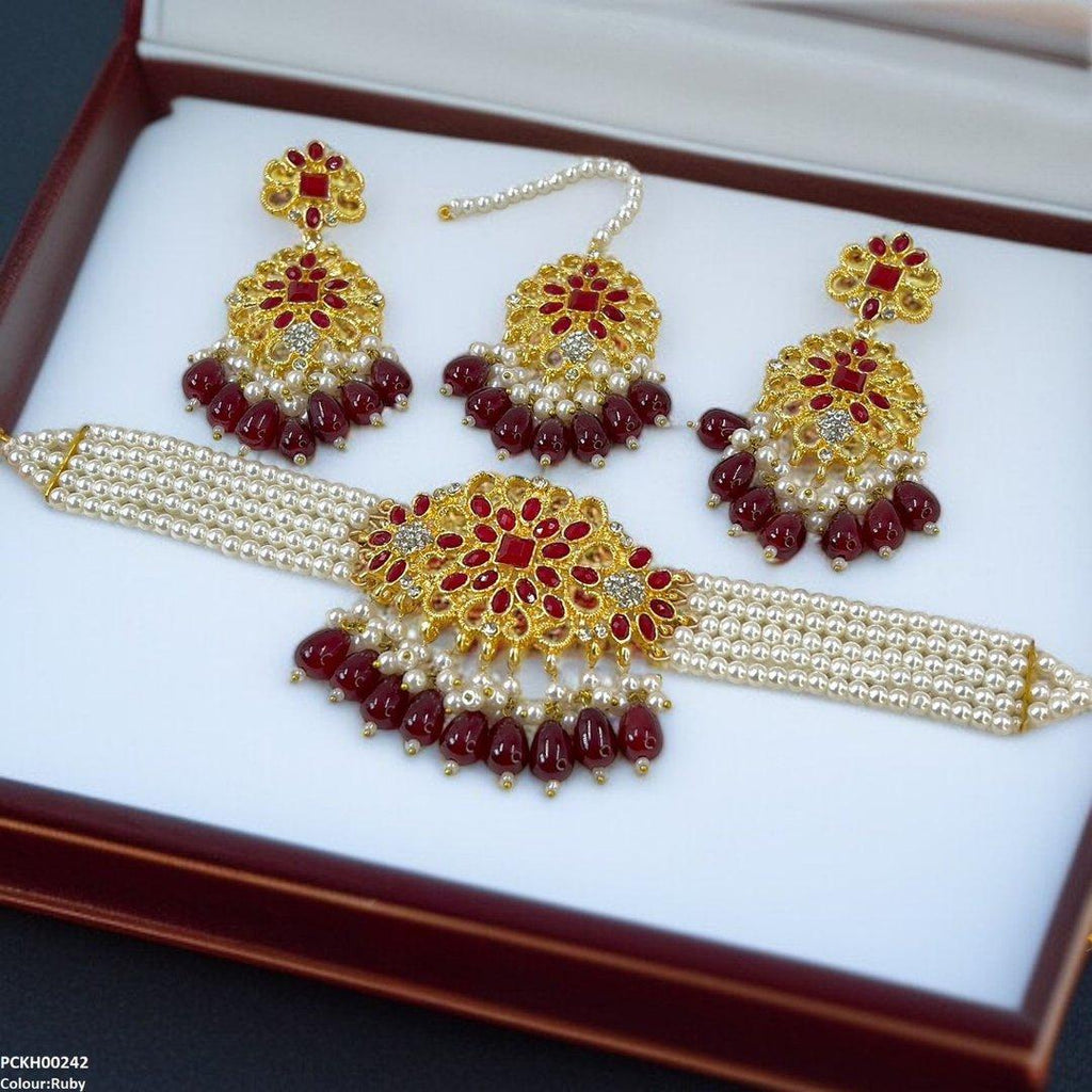 Square Flower Pearl Drop Choker Set