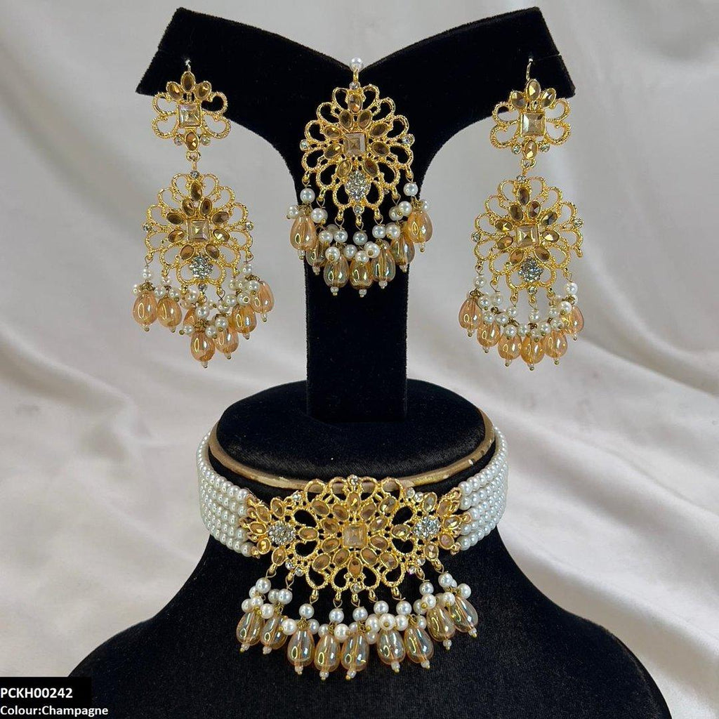 Square Flower Pearl Drop Choker Set