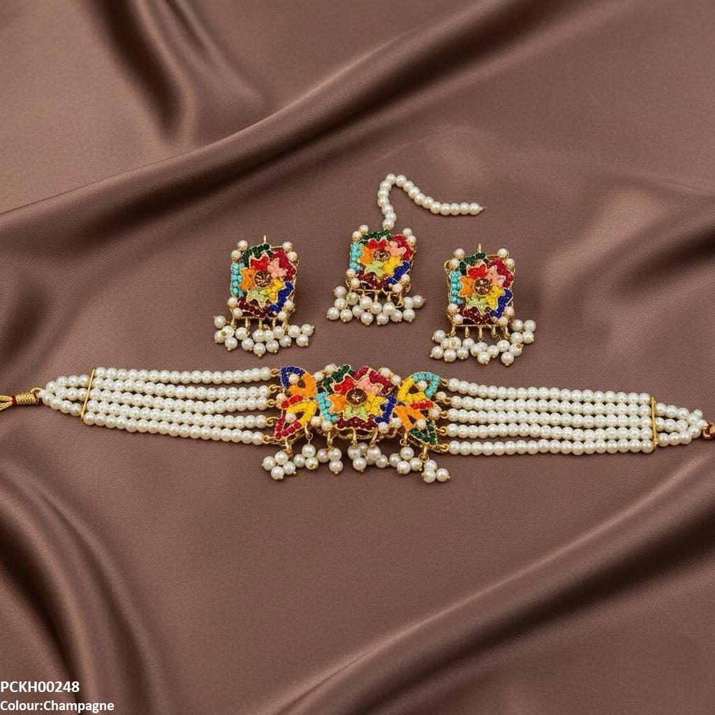 Multi Flower Pearl Drop Choker Set
