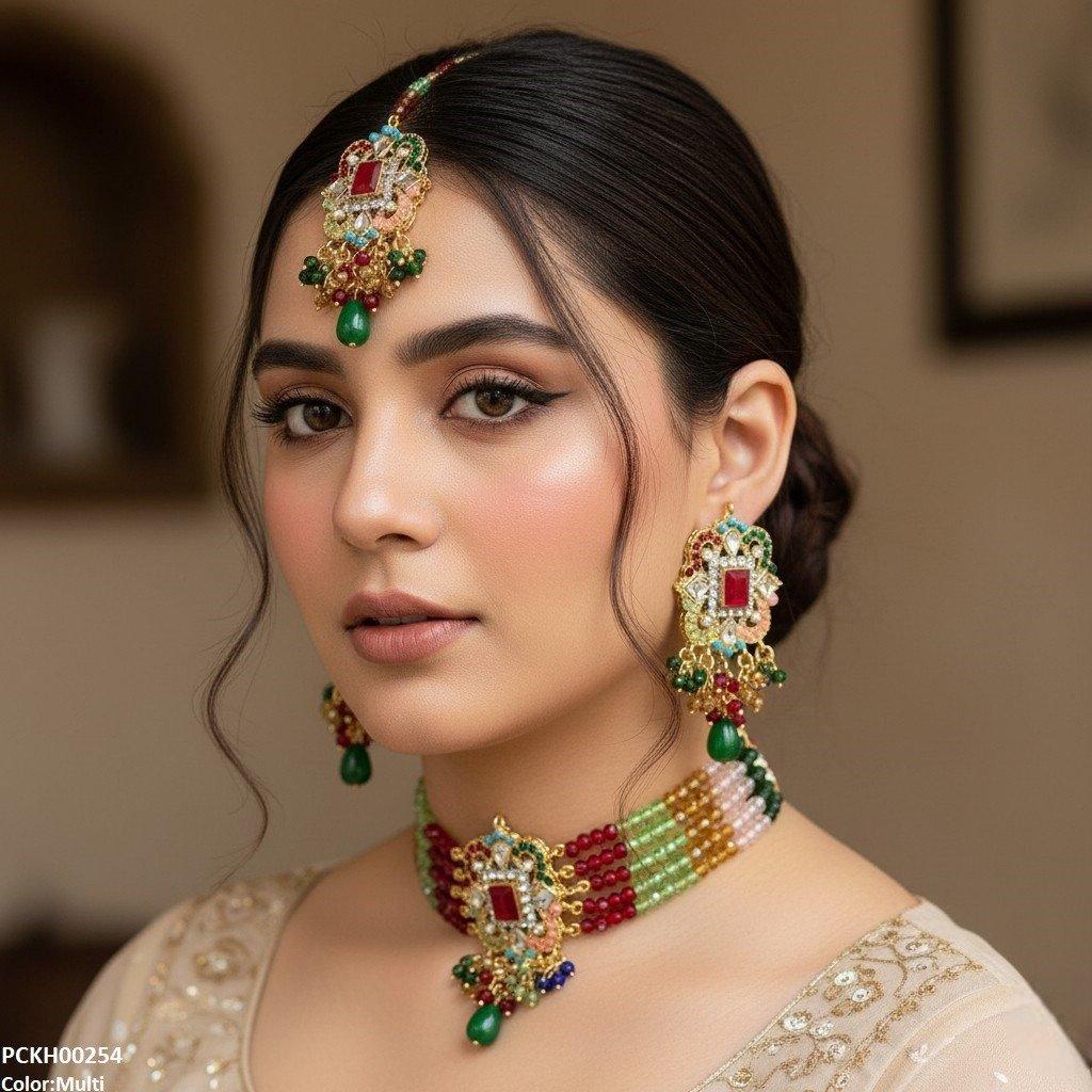 Square Flower Pearl Drop Choker Set