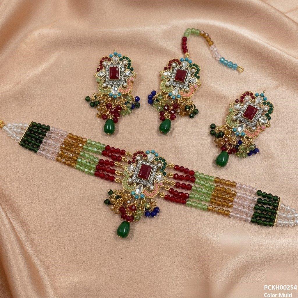 Square Flower Pearl Drop Choker Set