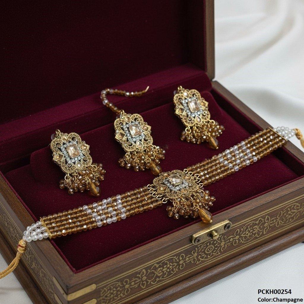 Square Flower Pearl Drop Choker Set