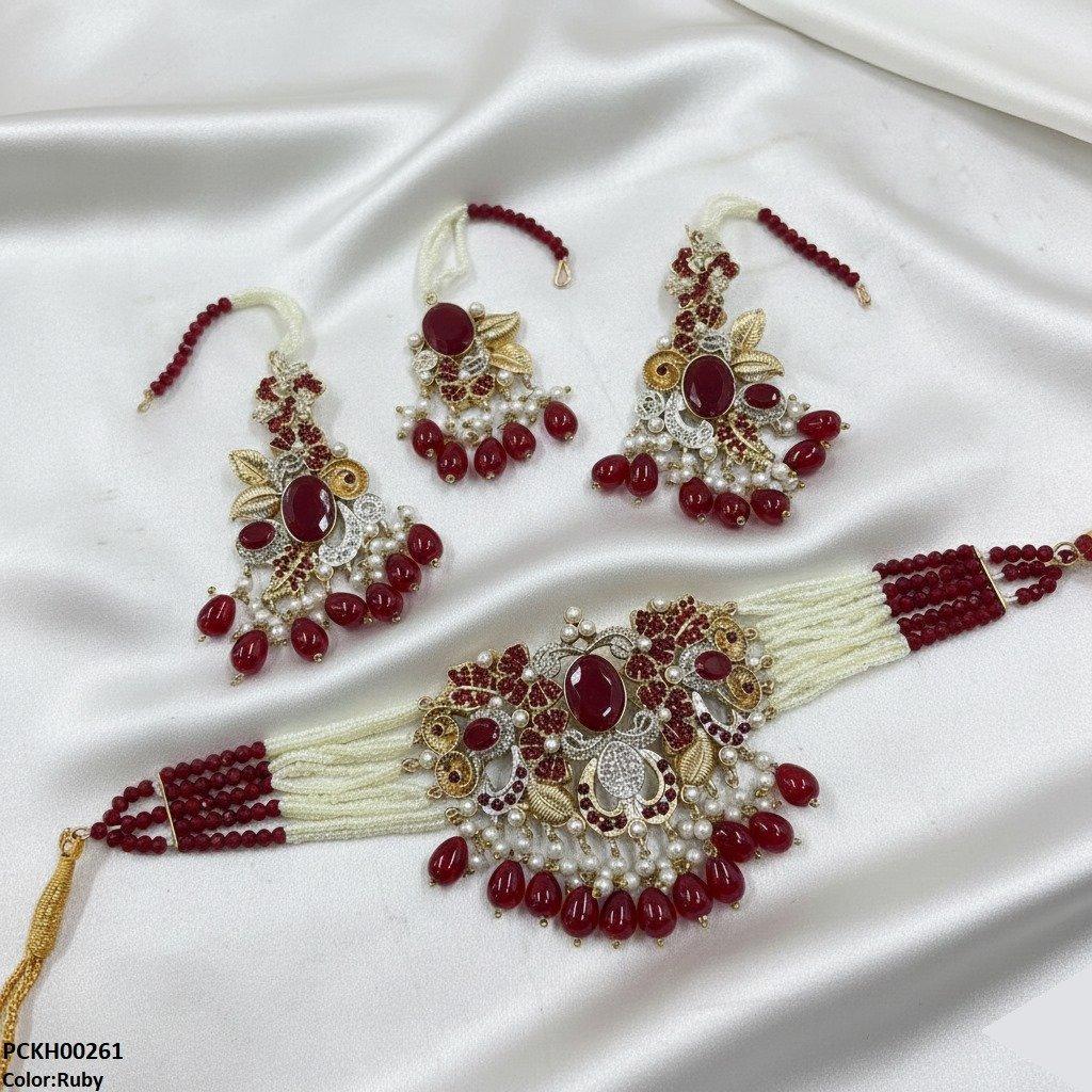 Oval/Flower Pearl Drop Choker Set