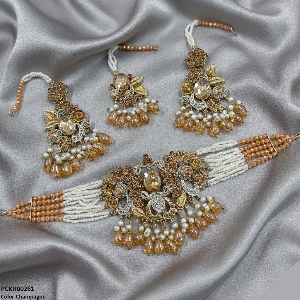 Oval/Flower Pearl Drop Choker Set
