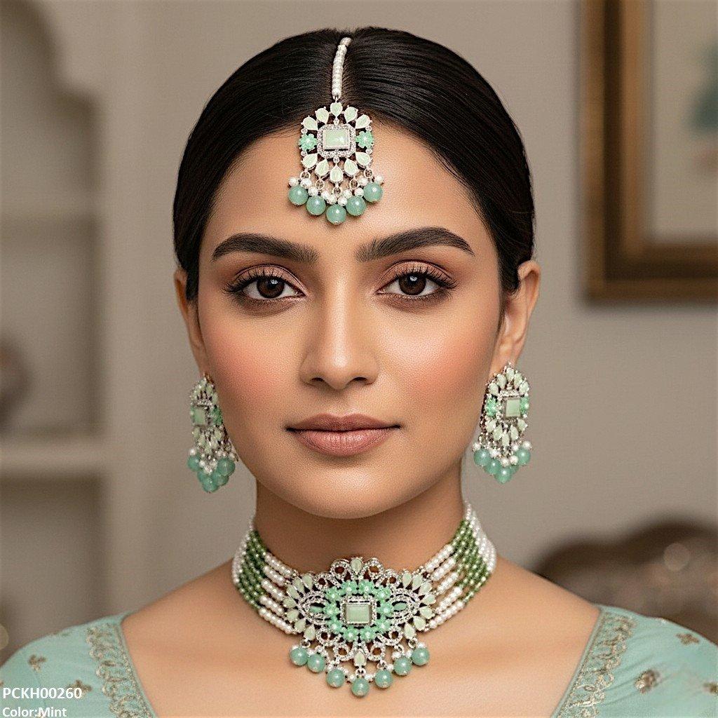 Rectangle Tear Pearl Drop Choker Set