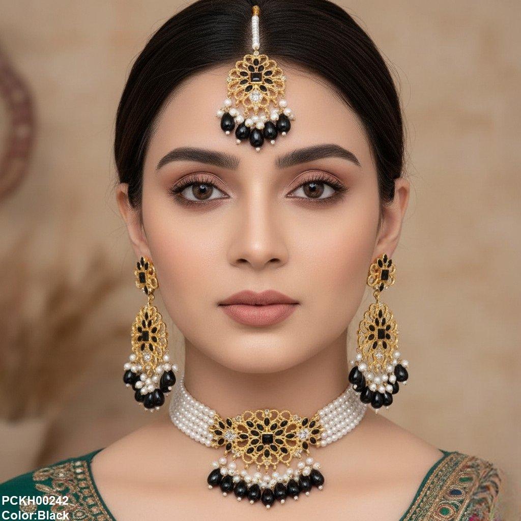 Square Flower Pearl Drop Choker Set