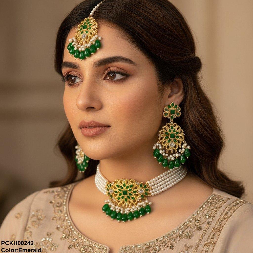 Square Flower Pearl Drop Choker Set