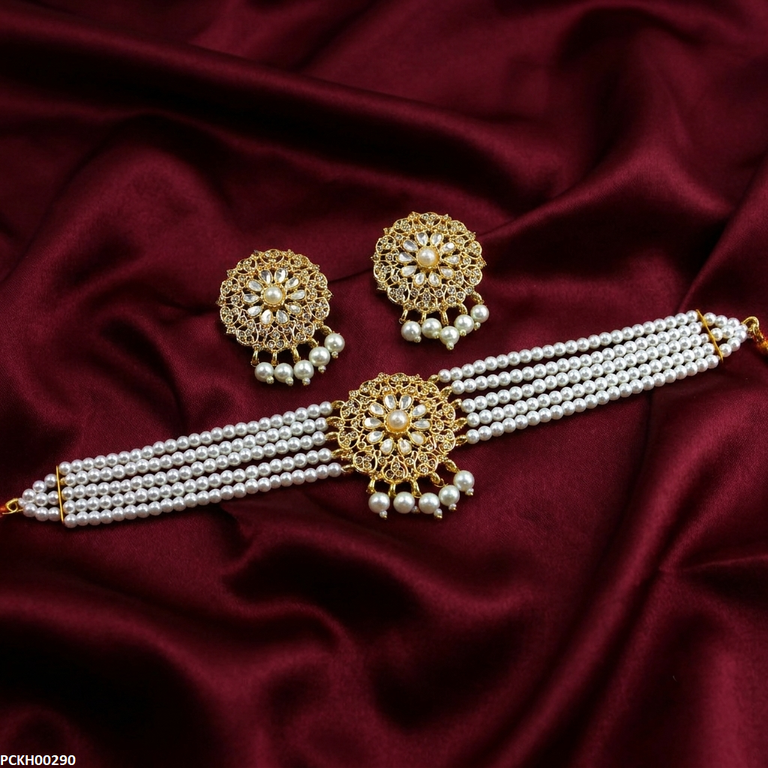 Flower Pearl Drop Choker Set