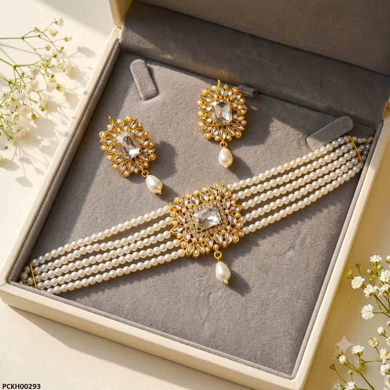 Square Stone Pearl Drop Choker Set