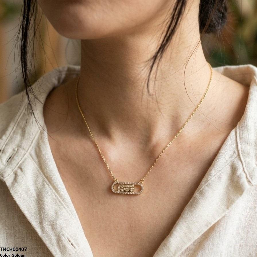 Stainless Steel Zircon Rectangle Round Necklace