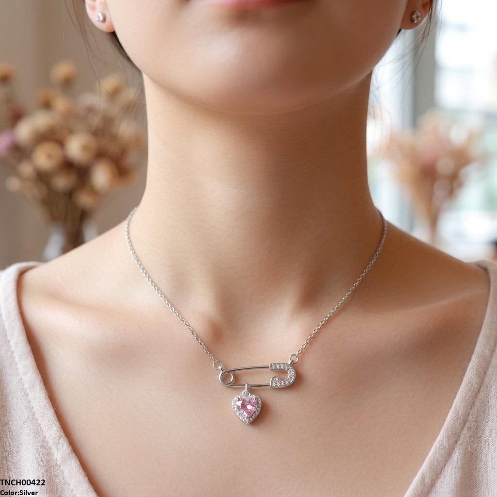 Stainless Steel Zircon Pin Heart Necklace