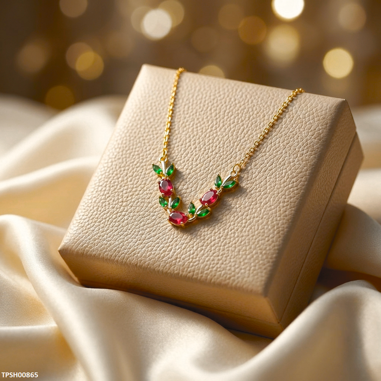 Tulip Leaf Red/Green Stone Pendant With Chain