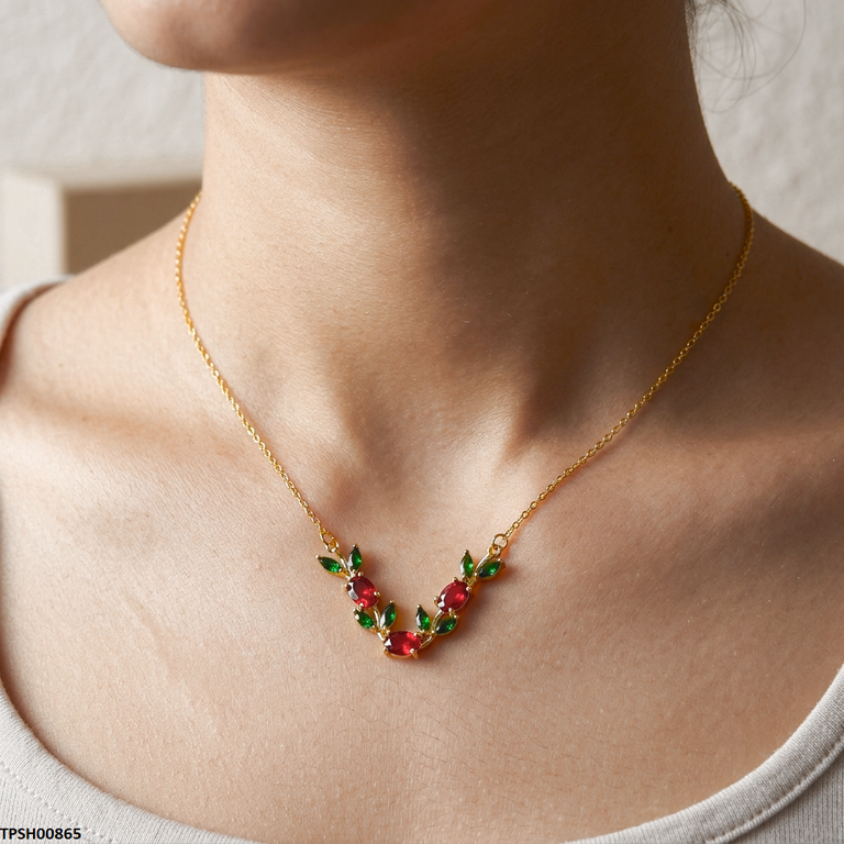 Tulip Leaf Red/Green Stone Pendant With Chain