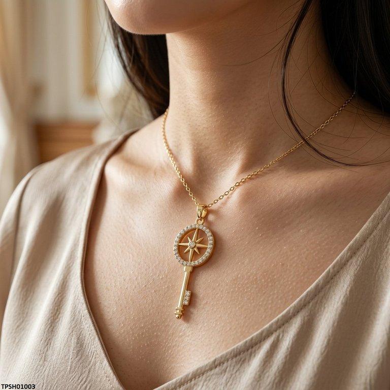 Stainless Steel Zircon Star Key Pendant