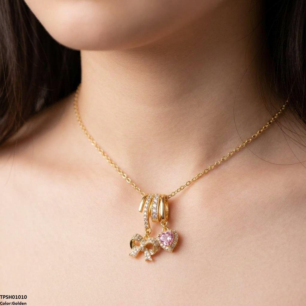 Stainless Steel Zircon Bow/Heart Drop Pendant