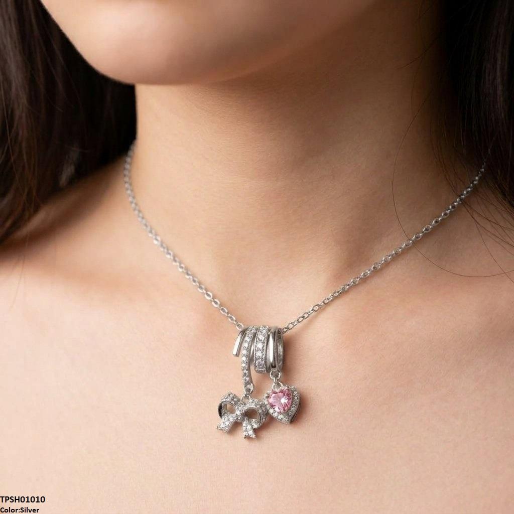 Stainless Steel Zircon Bow/Heart Drop Pendant