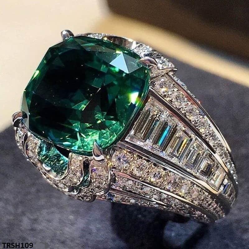 Green Cushion Cathedral Ring