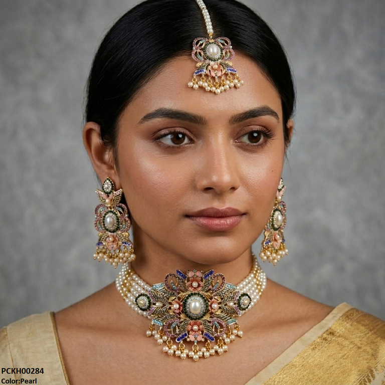 Round Flower Pearl Drop Choker Set
