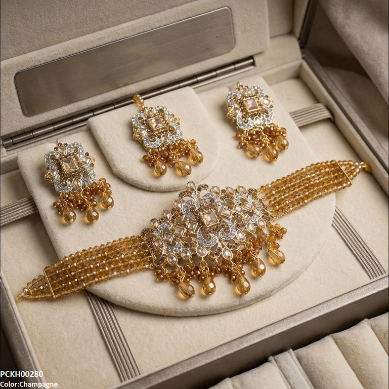 Rectangle Flower Pearl Drop Choker Set