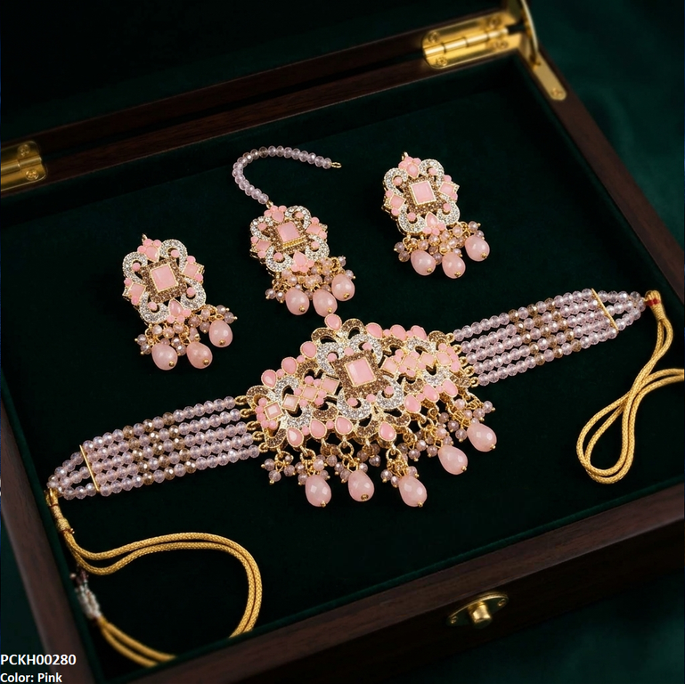 Rectangle Flower Pearl Drop Choker Set