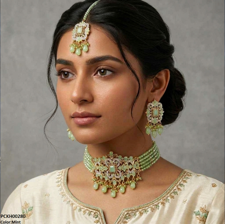 Rectangle Flower Pearl Drop Choker Set