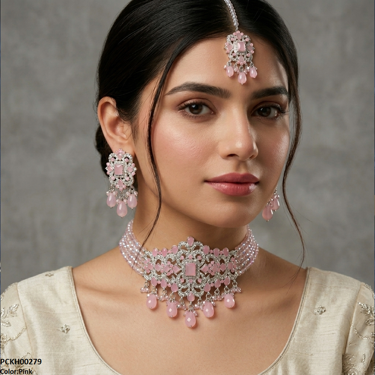 Rectangle Flower Pearl Drop Choker Set
