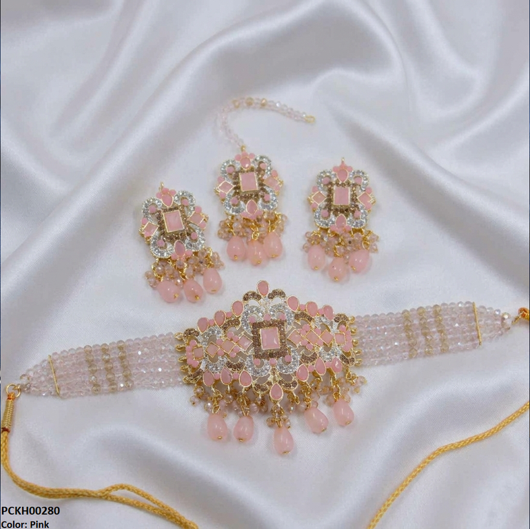 Rectangle Flower Pearl Drop Choker Set