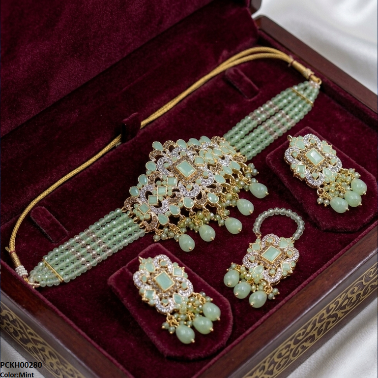 Rectangle Flower Pearl Drop Choker Set