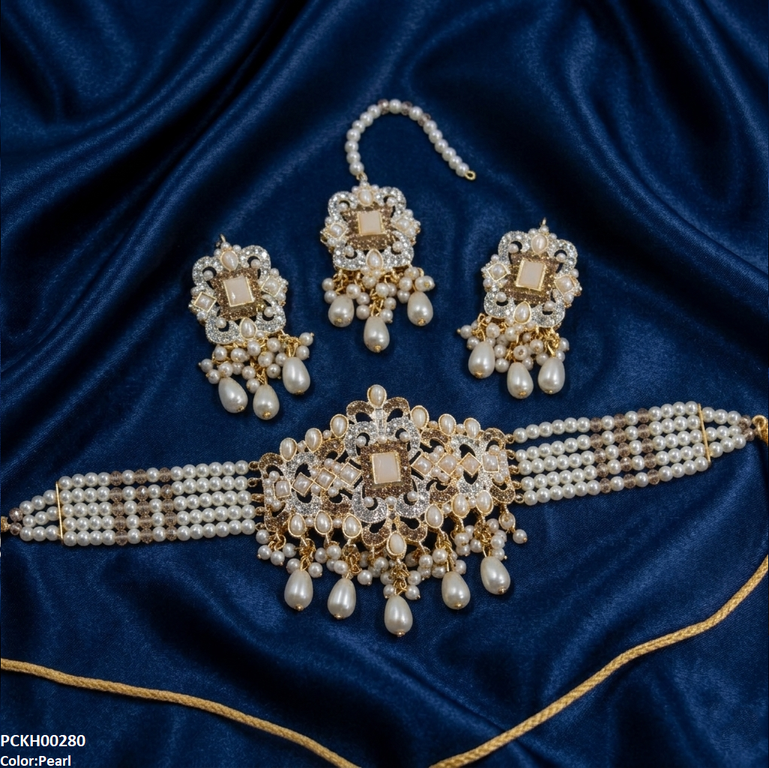 Rectangle Flower Pearl Drop Choker Set