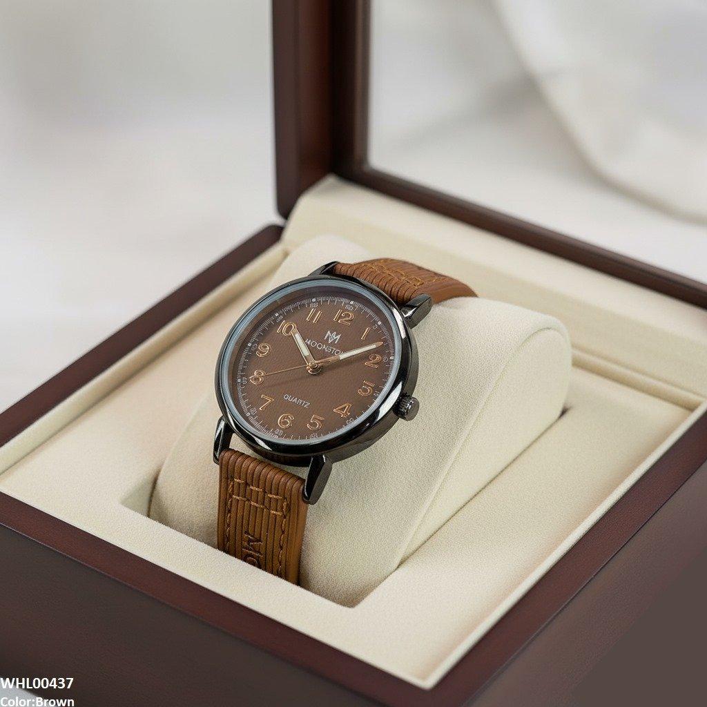 Round Black Bezel Numbering Dial Leather Strap Women's Watch