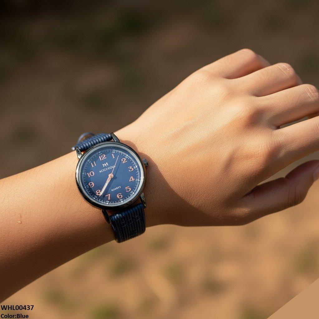 Round Black Bezel Numbering Dial Leather Strap Women's Watch