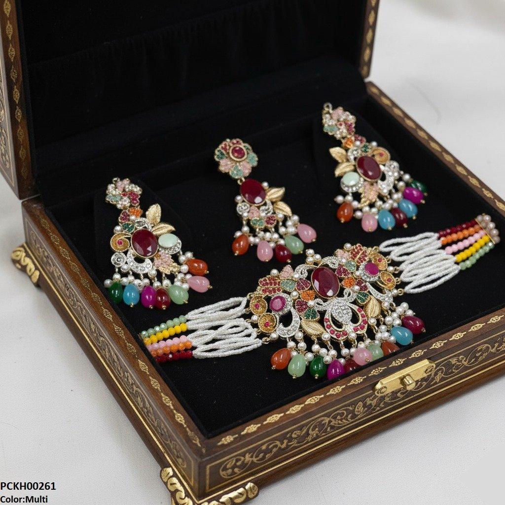Oval/Flower Pearl Drop Choker Set