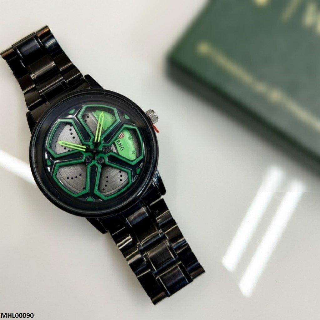 Round Car Wheel Green Rim Men's Watch