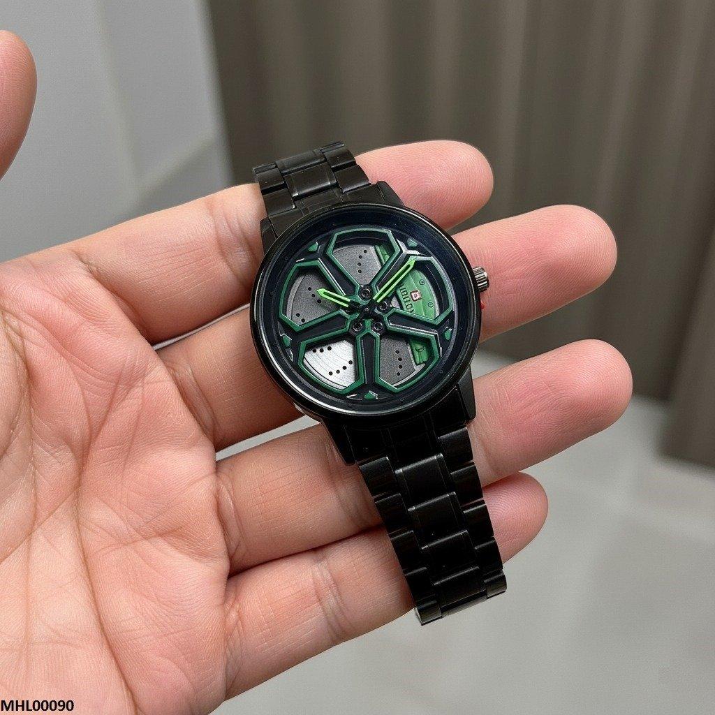 Round Car Wheel Green Rim Men's Watch