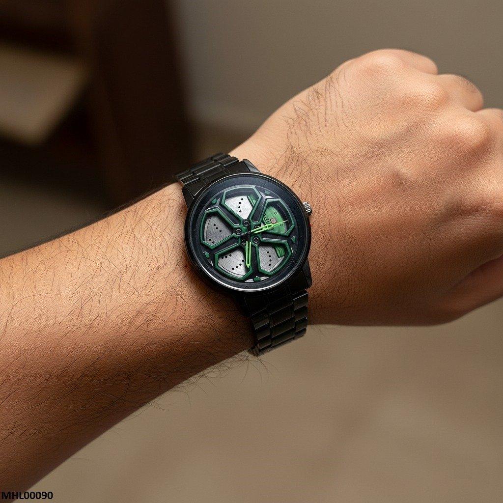Round Car Wheel Green Rim Men's Watch
