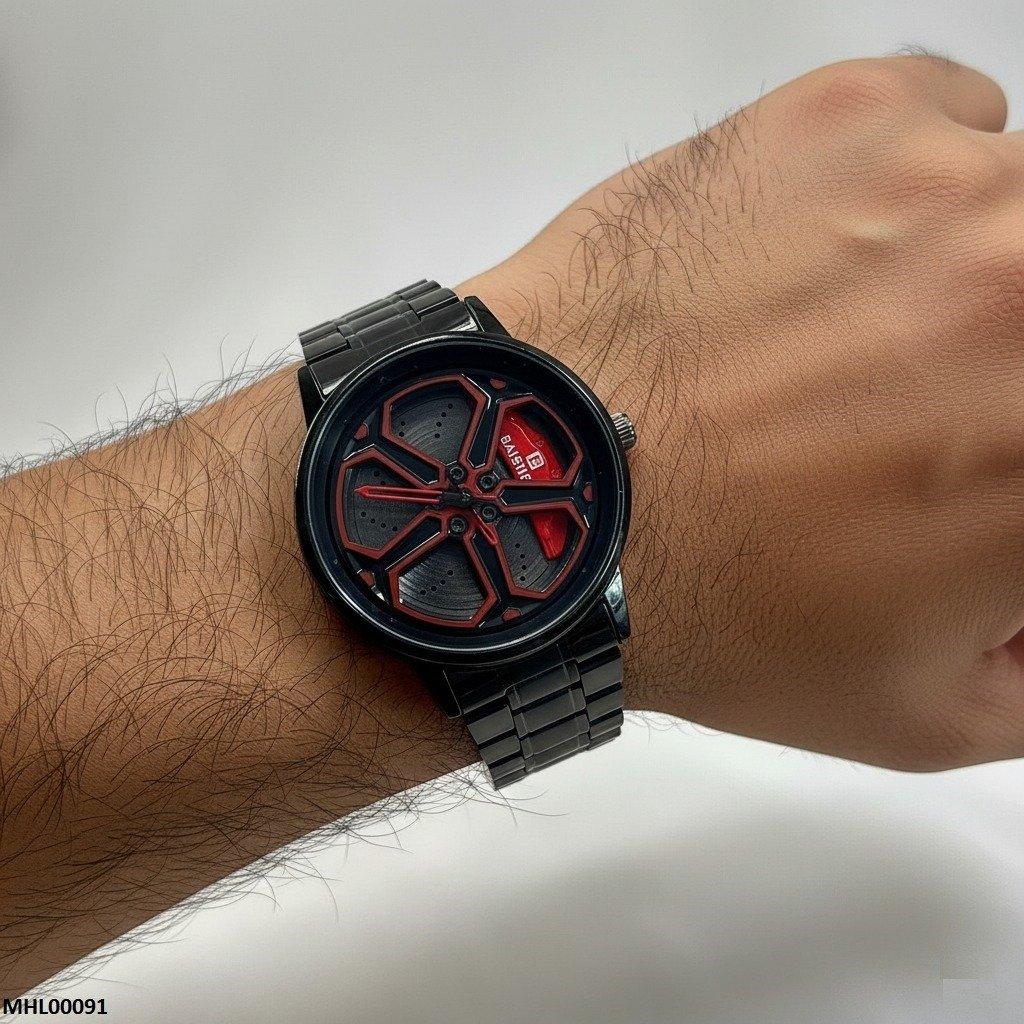 Round Car Wheel Red Rim Men's Watch
