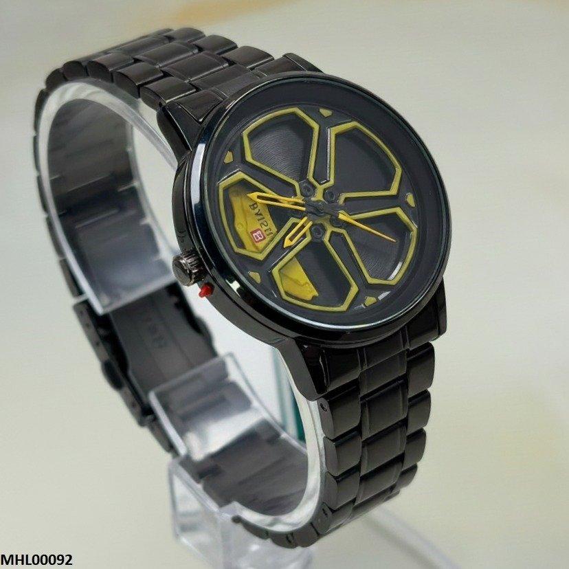 Round Car Wheel Yellow Rim Men's Watch