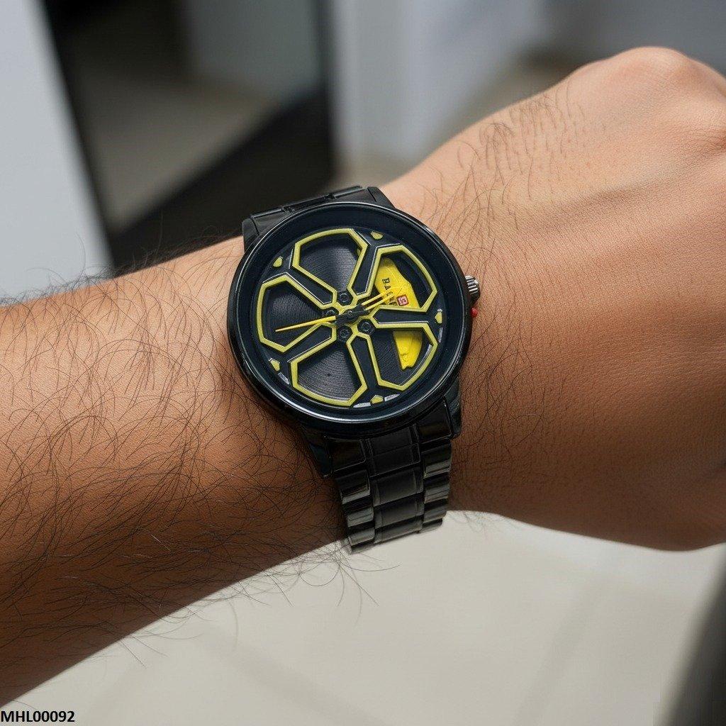 Round Car Wheel Yellow Rim Men's Watch