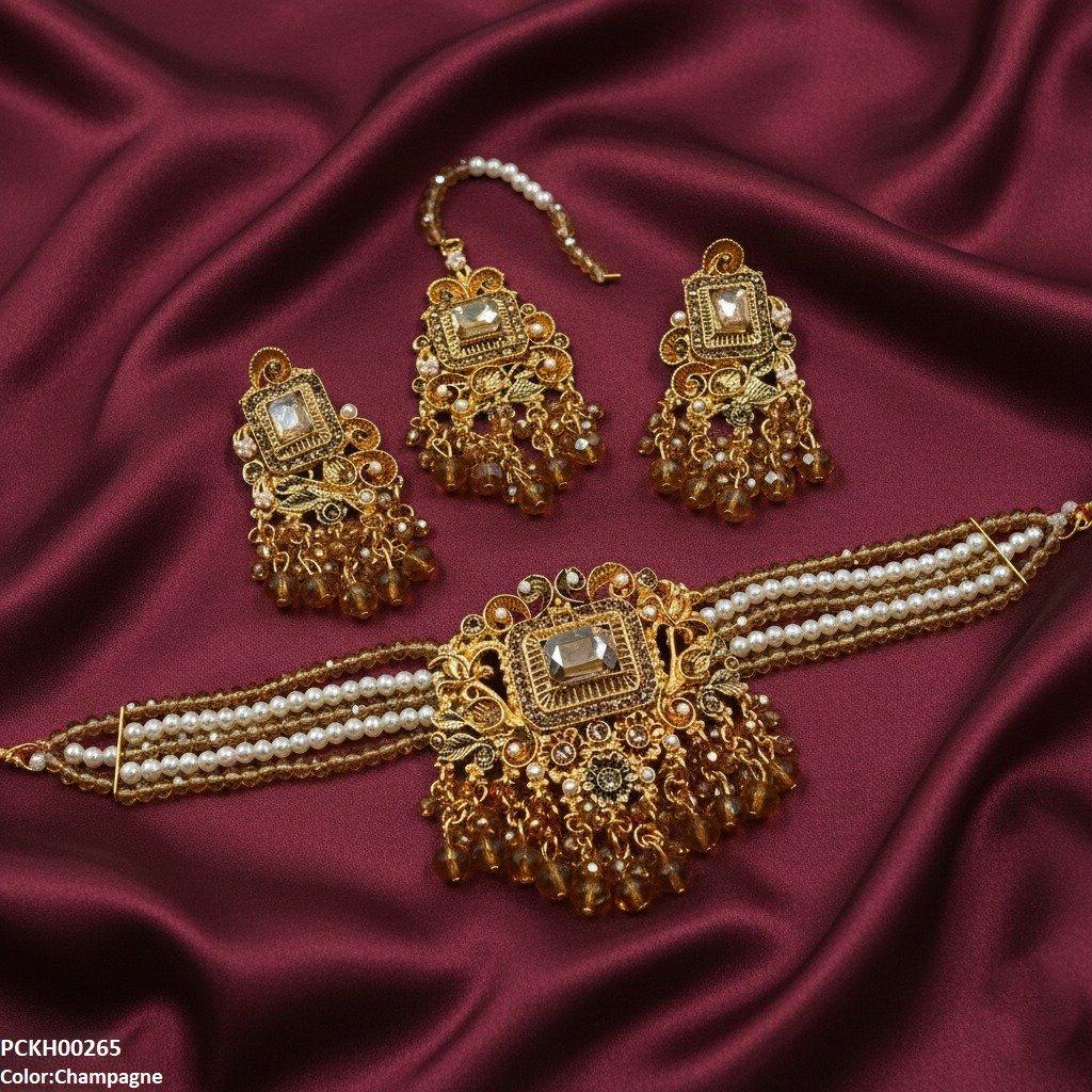 Rectangle Pearl Drop Choker Set
